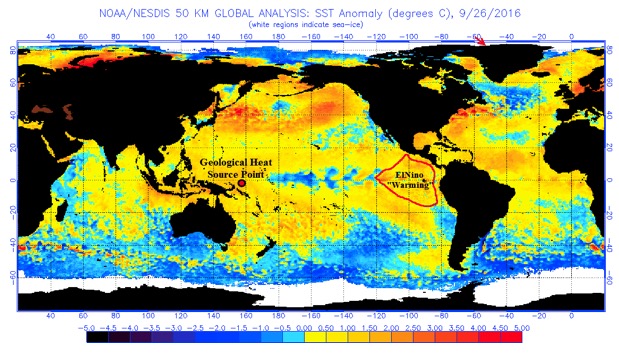 Figure 1.) Partial Re-Warming of the 2014-2016 El Ni√±o as expressed in the 9/26/2016 Shallow Sea Surface Temperature (SST) map. (red / yellow colors equal warmer ocean water (