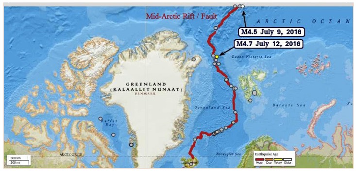 Figure 1.) In the 12 months up to July 14, 2016, 43 earthquakes with a magnitude of 4 or higher on the Richter scale occurred along the Mid-Arctic Rift / Fault, mostly at a depth of 10 km (6.214 miles). (see here).